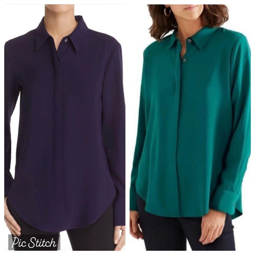 Theory M Lot of 2 Sunaya HP Urban Crepe Hidden Placket Blouses Green Navy NWOT⁠